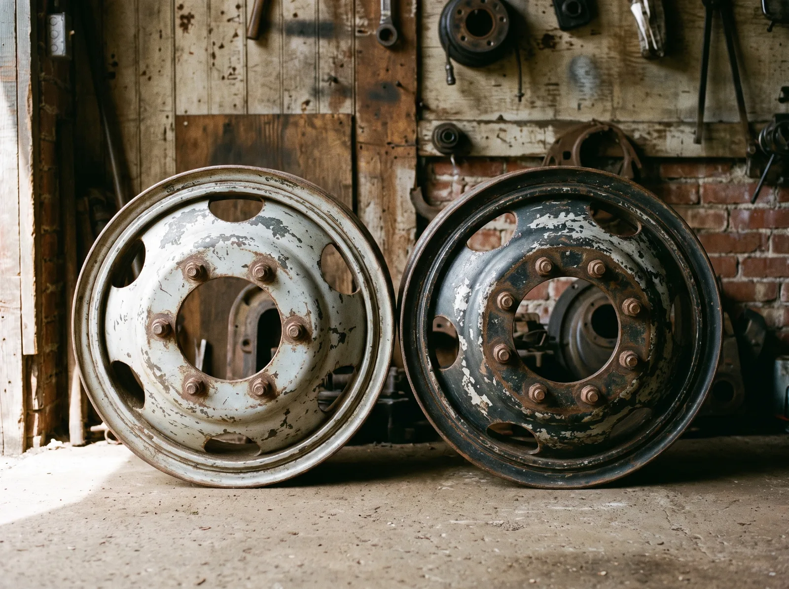 A six-stud truck wheel beside an eight-stud wheel, the quickest way to tell a half-ton from a three-quarter ton