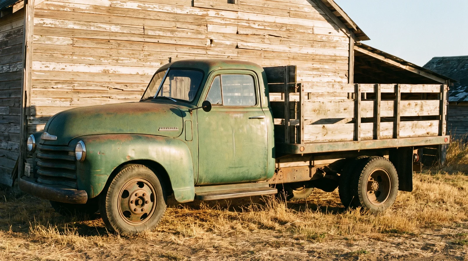 1951 Chevrolet 3600 three-quarter ton pickup with its long bed, photographed side on beside a farm building