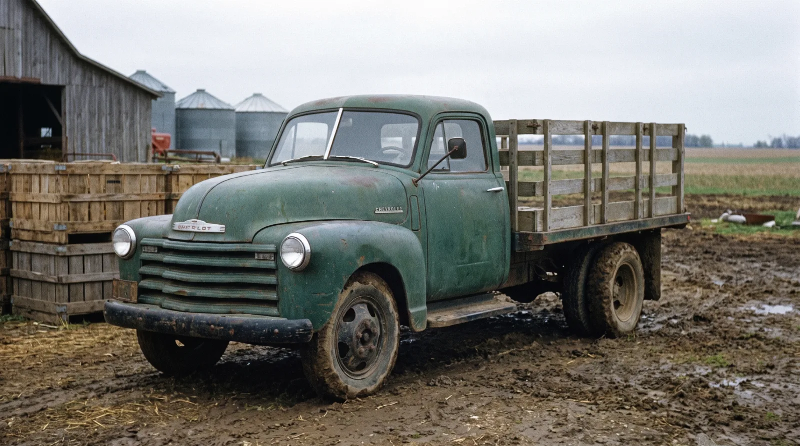 1951 Chevrolet 3800 one-ton stake bed truck with wooden sides, parked on a working farm yard