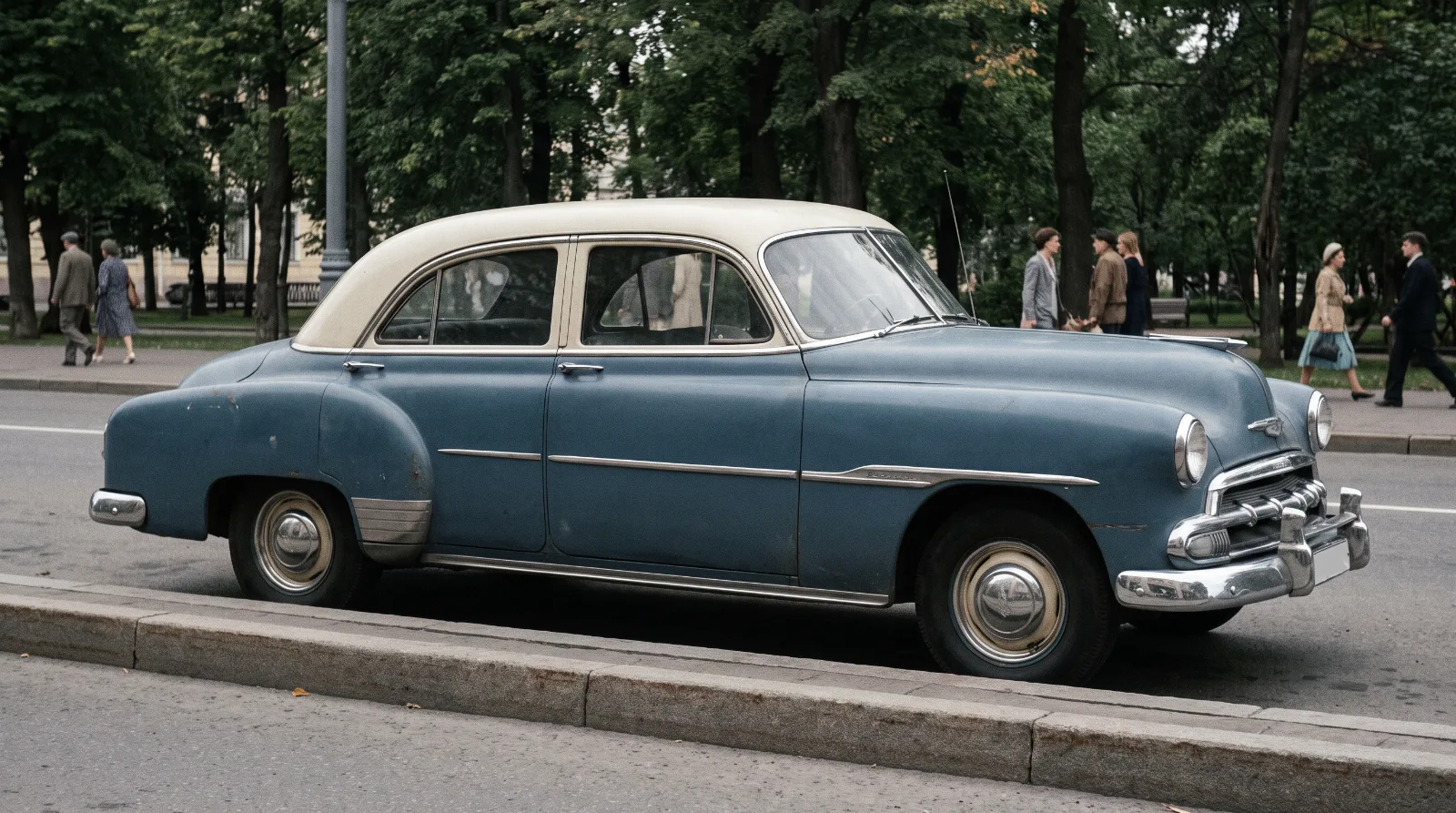 1951 Chevrolet four door sedan, side view showing the notchback roof line
