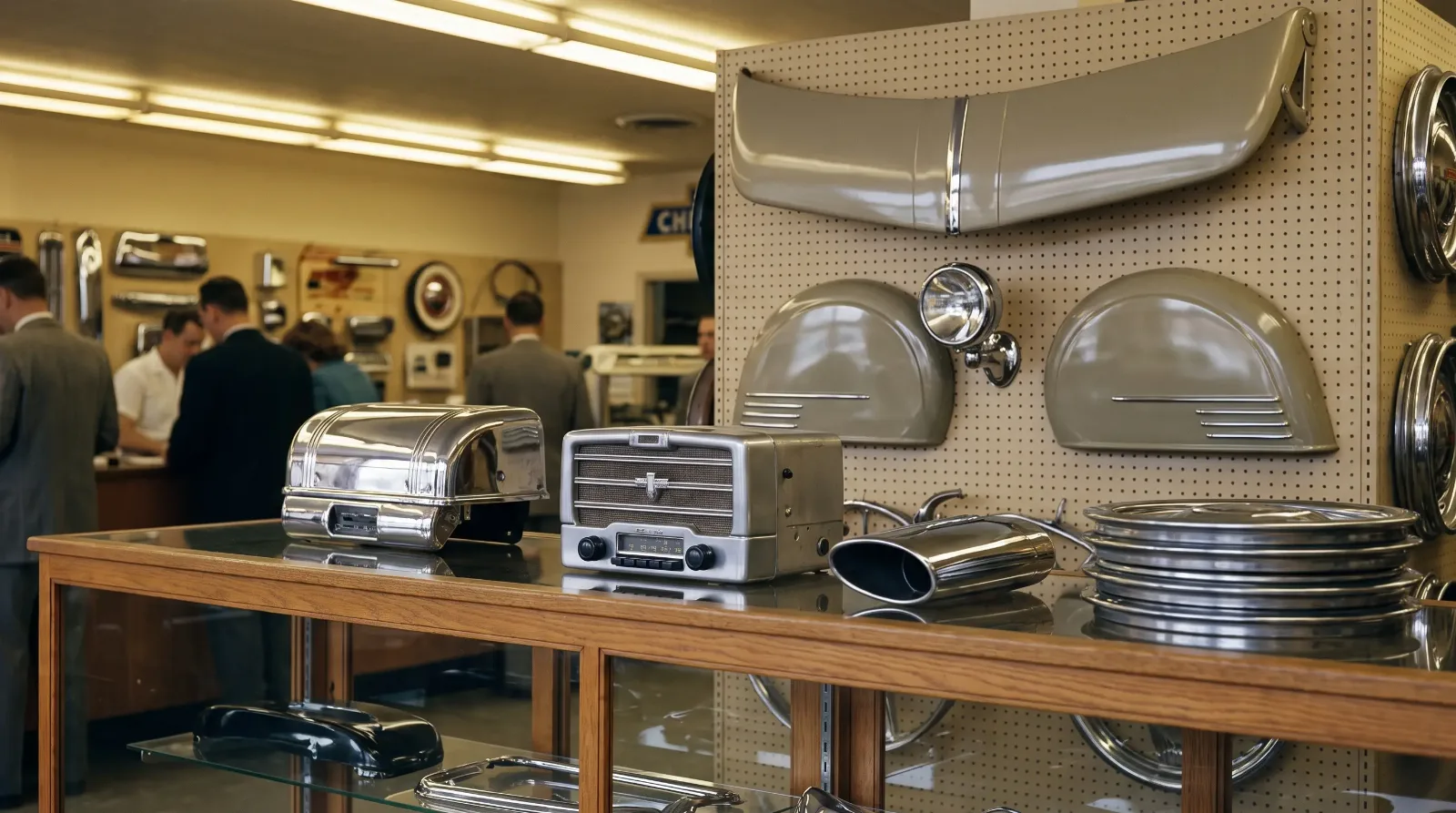 Early 1950s Chevrolet dealership accessory counter with heater, radio, sun visor, spotlight and fender skirts