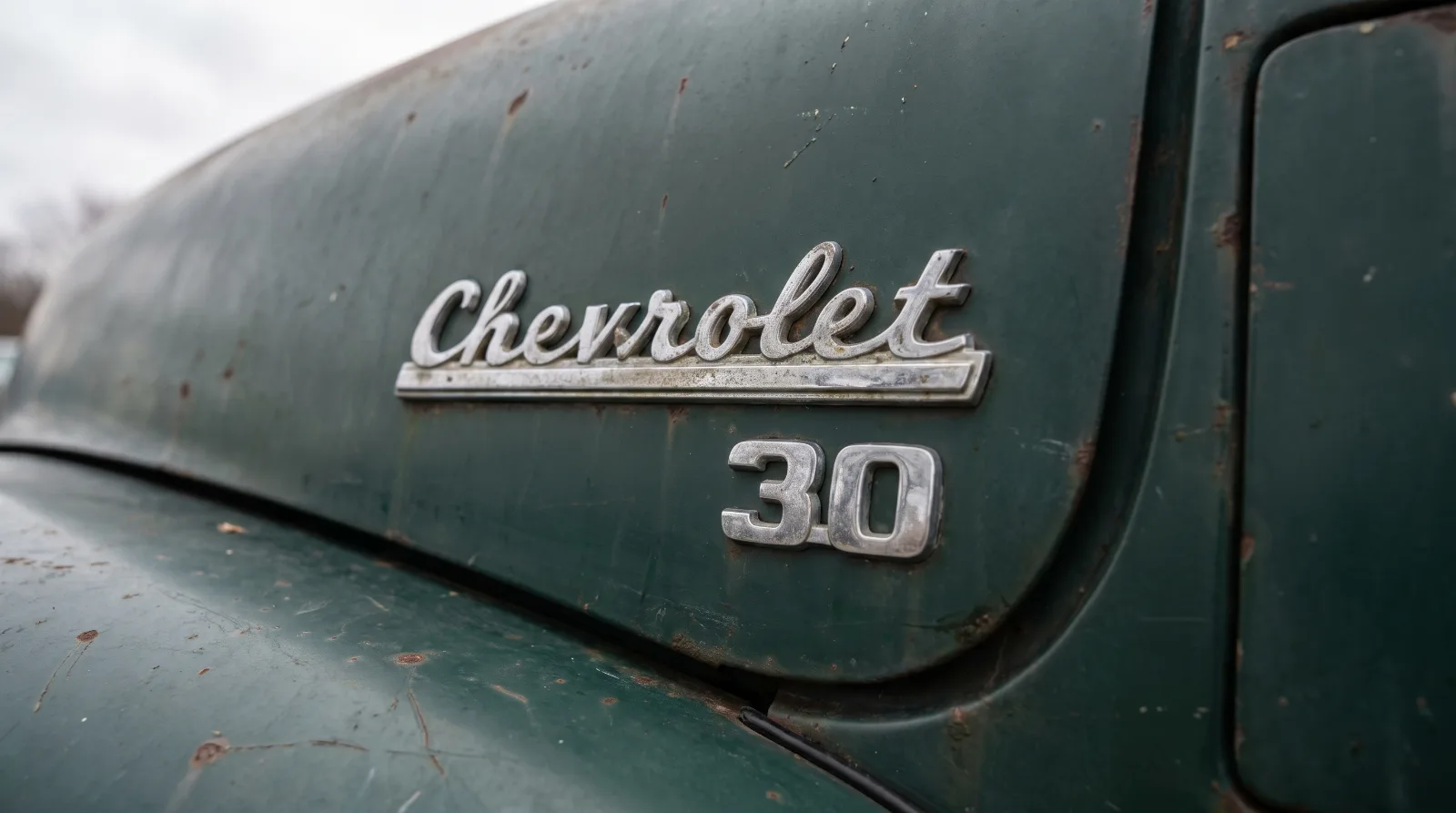 Hood side emblem reading Chevrolet above a model number on an Advance Design truck