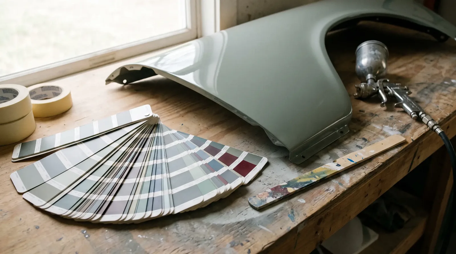Automotive paint chip cards beside a freshly painted 1950s car fender in soft gray-green