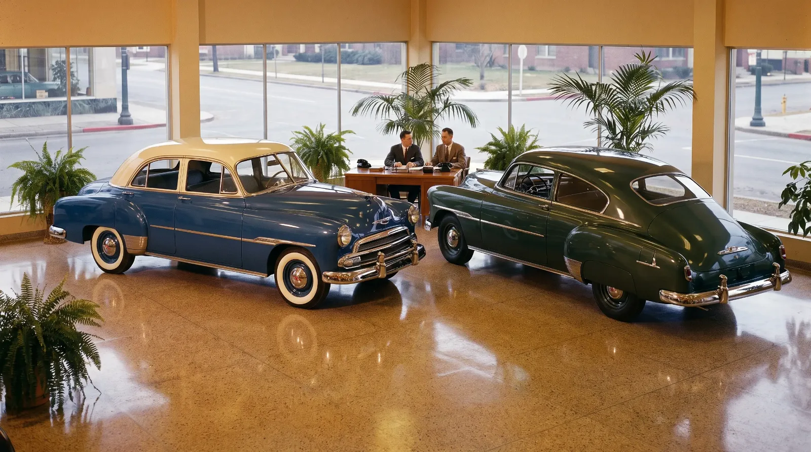 Early 1950s Chevrolet showroom with a 1951 Styleline notchback sedan beside a Fleetline fastback
