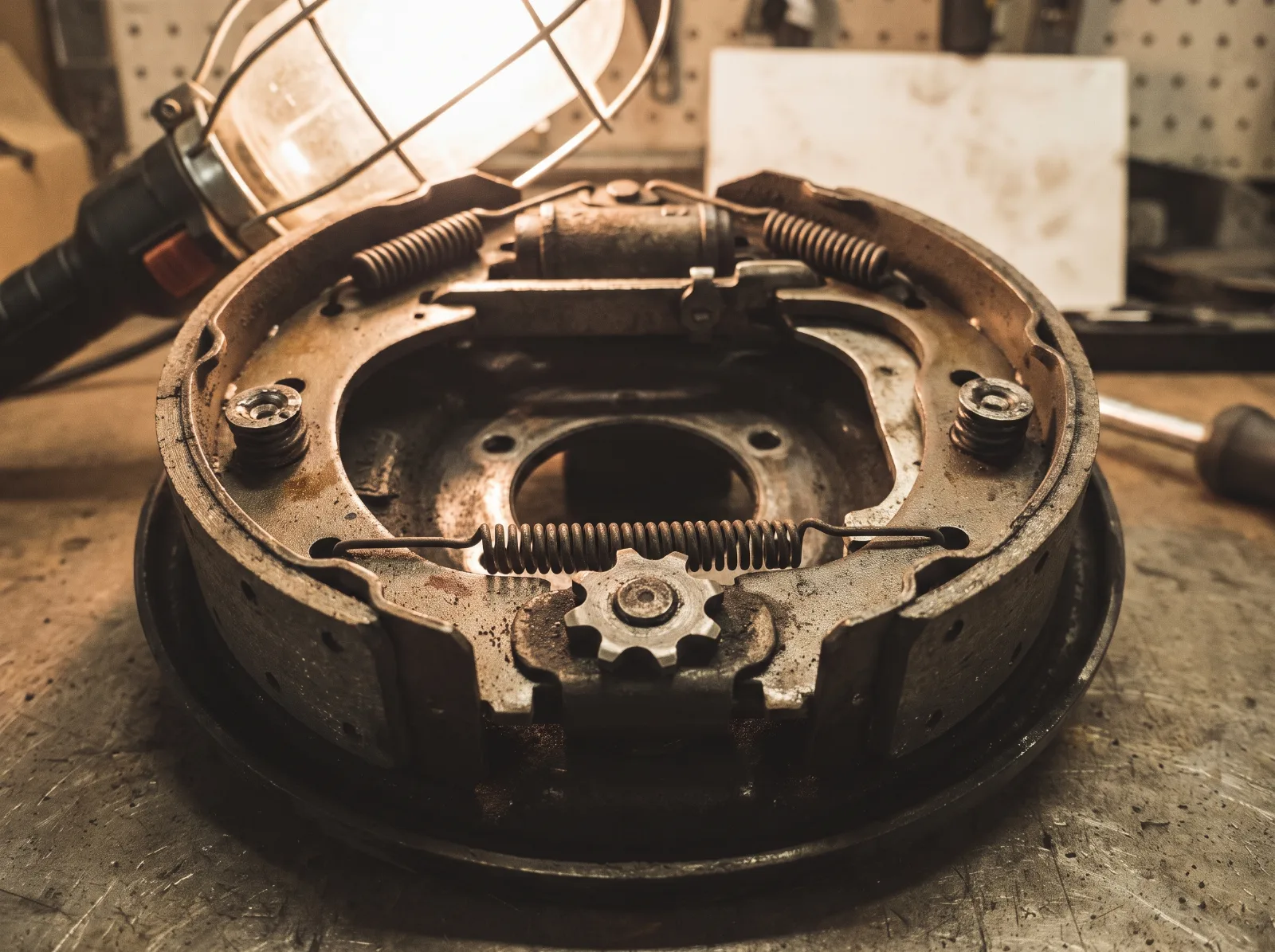 Inside a drum brake with the drum off, shoes, springs and the star wheel adjuster between them