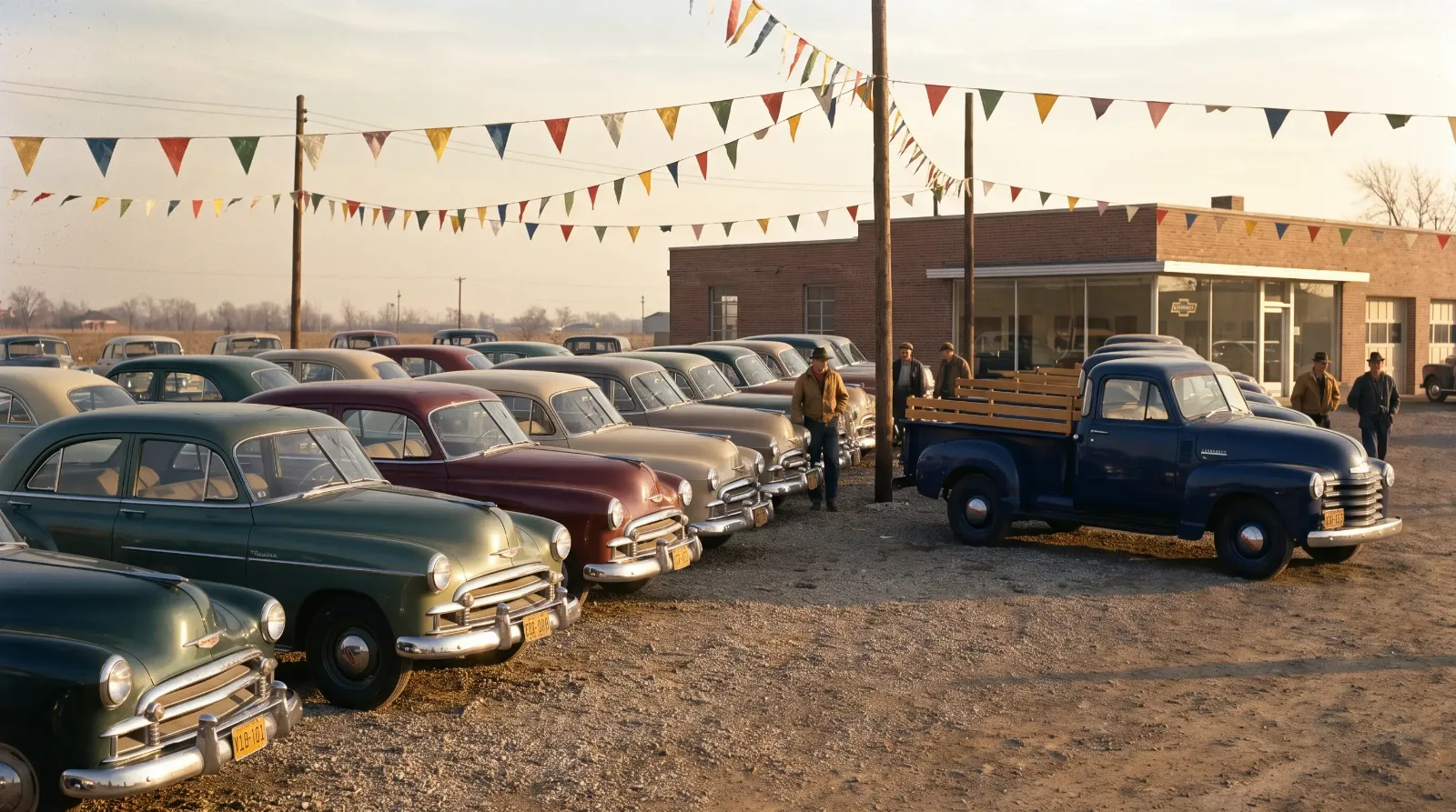 Period Chevrolet dealer lot with a row of 1951 cars beside an Advance Design half-ton pickup