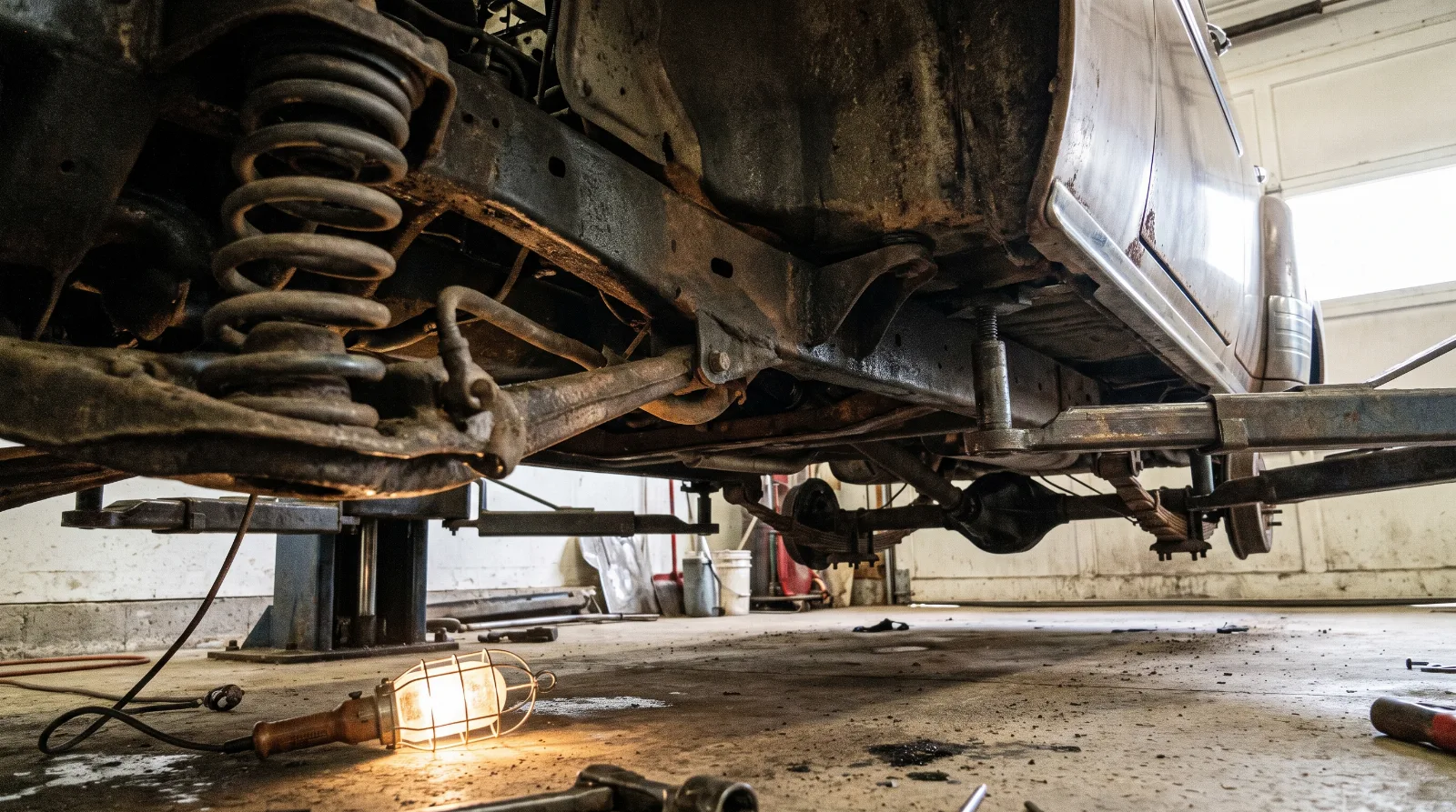 Underside of an early 1950s Chevrolet showing the frame, front coil springs and rear leaf springs