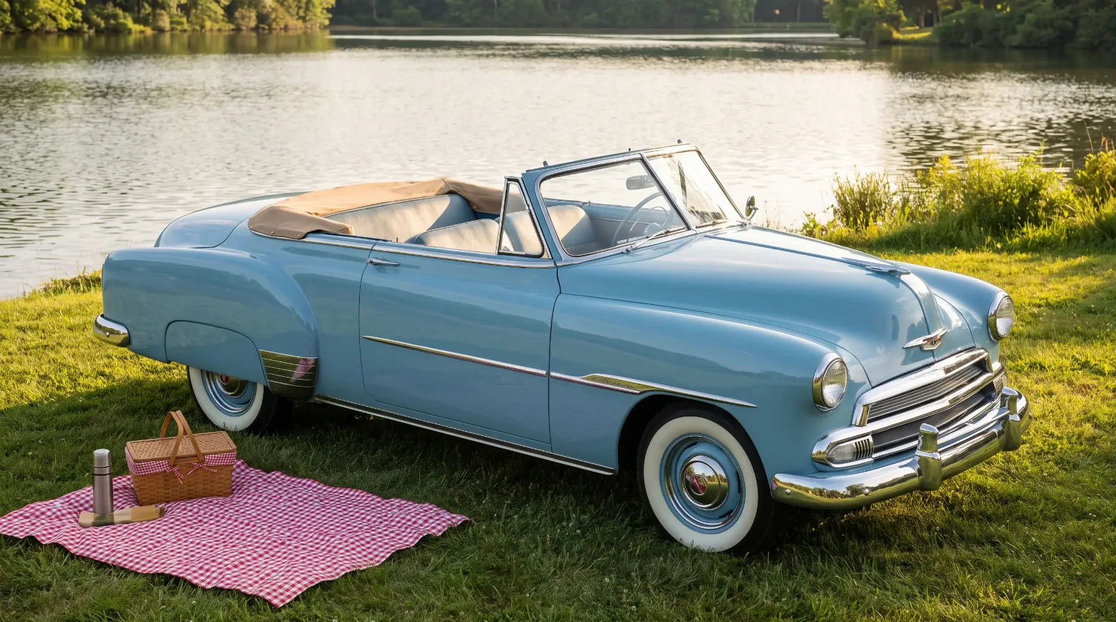 1951 Chevrolet Styleline De Luxe convertible with the top folded down at a lakeside picnic spot