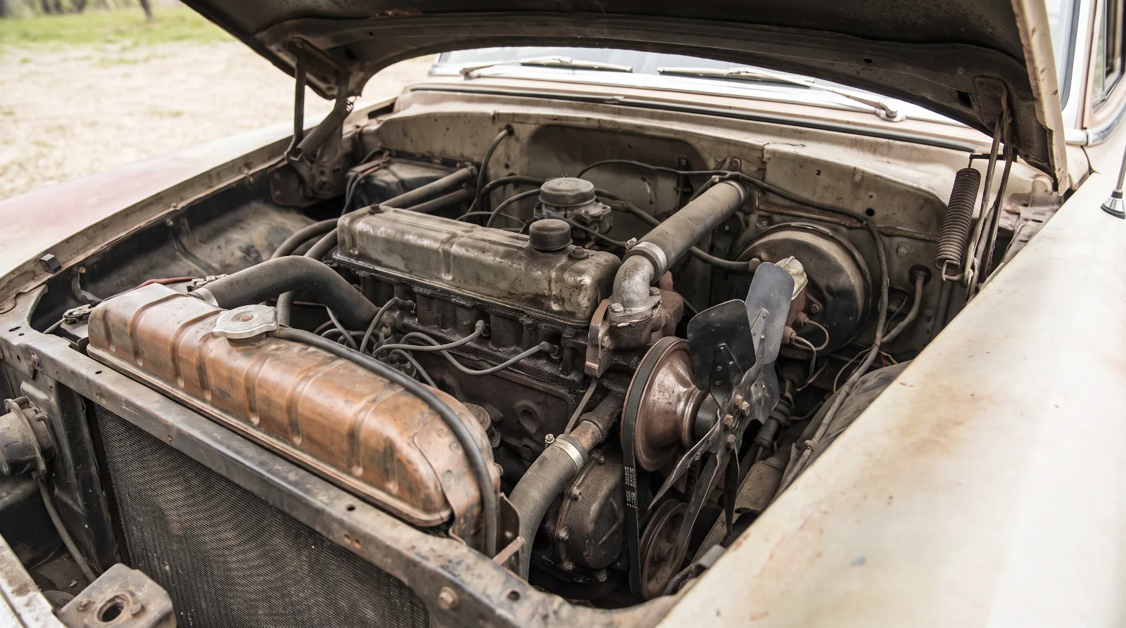 Radiator, fan and belt-driven water pump at the front of an early 1950s Chevrolet six