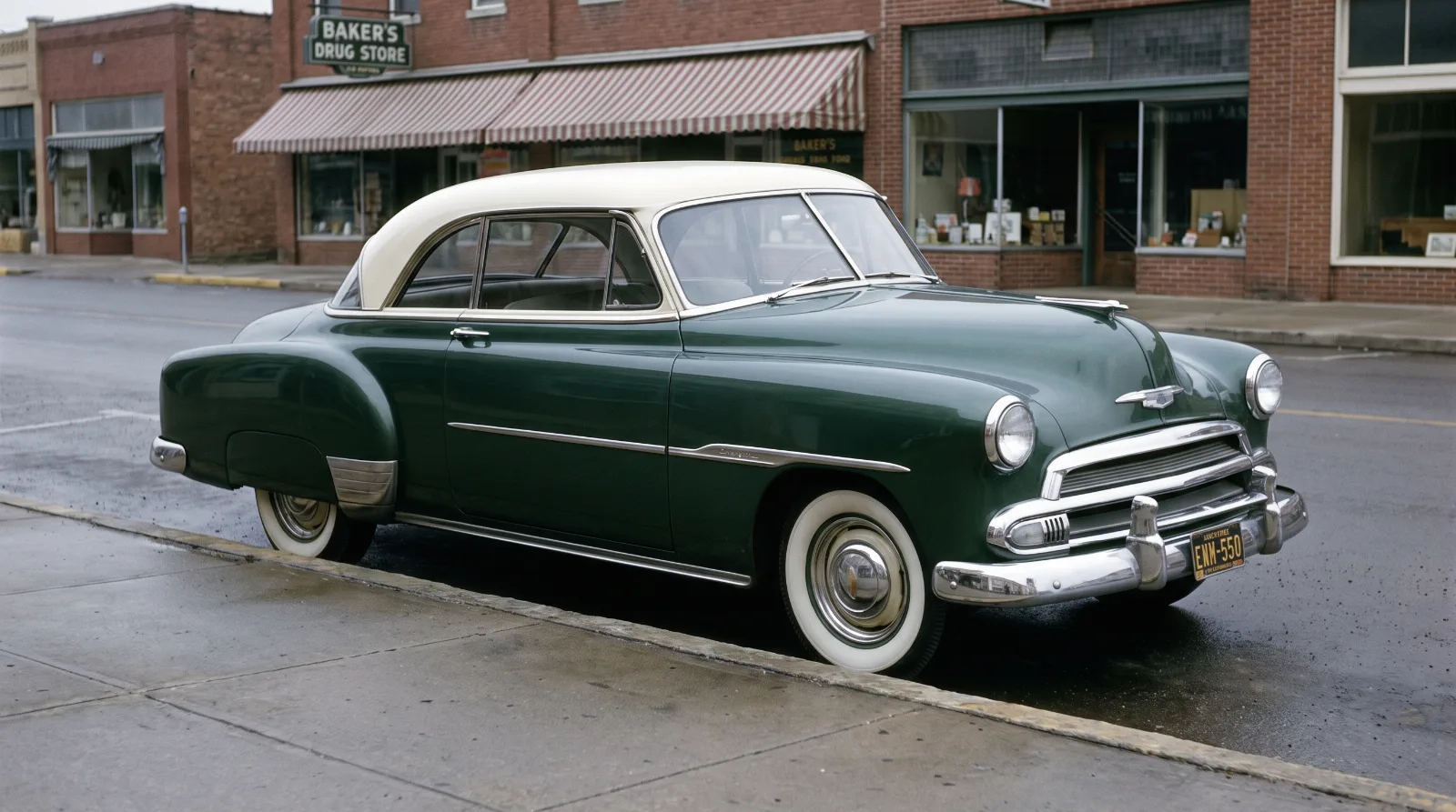 1951 Chevrolet Styleline sport coupe parked on a small-town main street, three-quarter front view