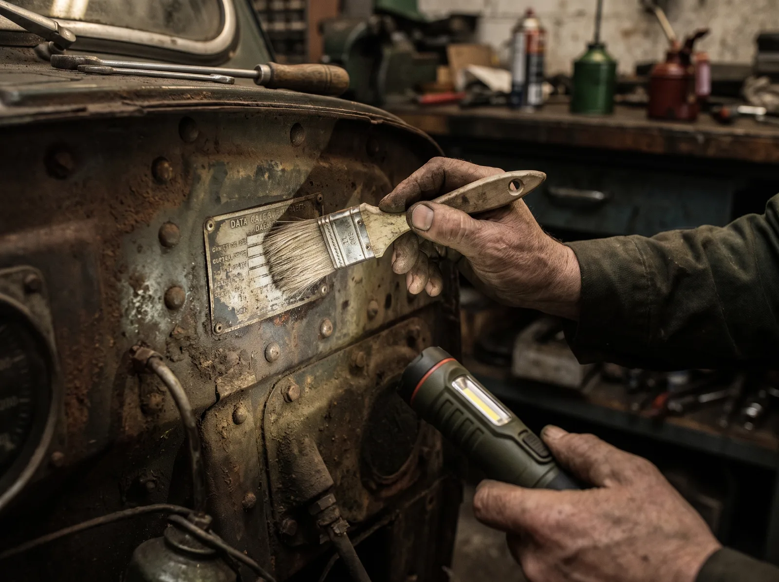 Cleaning a riveted body tag with a soft brush and a torch held at a low angle