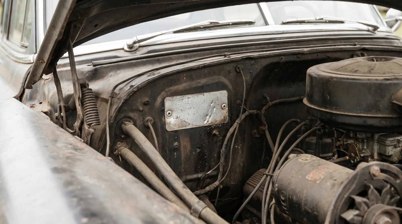 Fisher Body cowl tag riveted to the firewall of an early 1950s Chevrolet
