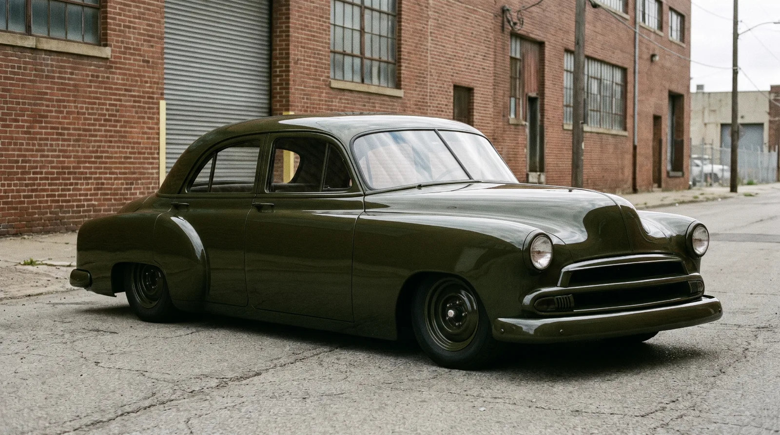 Lowered and customised 1951 Chevrolet in profile, trim removed
