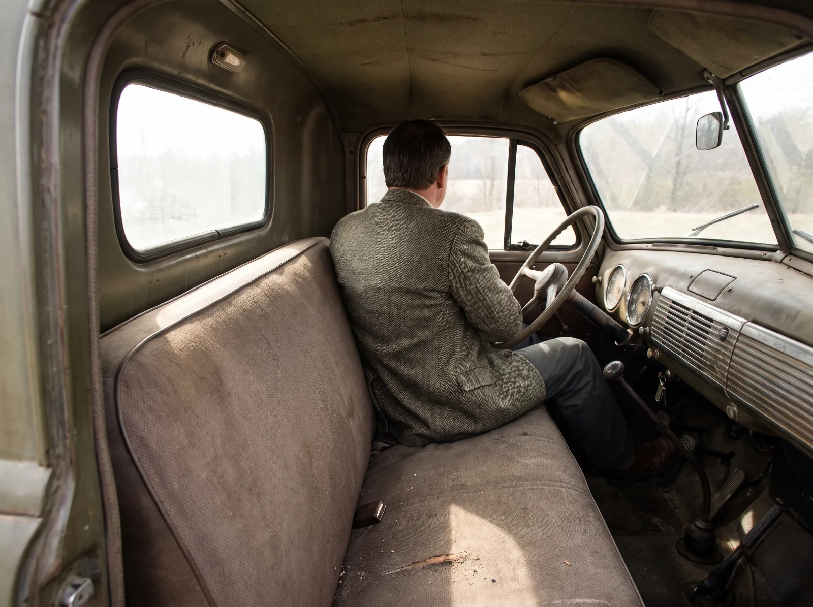 Looking back over the driver's shoulder through the rear corner window of a five window cab
