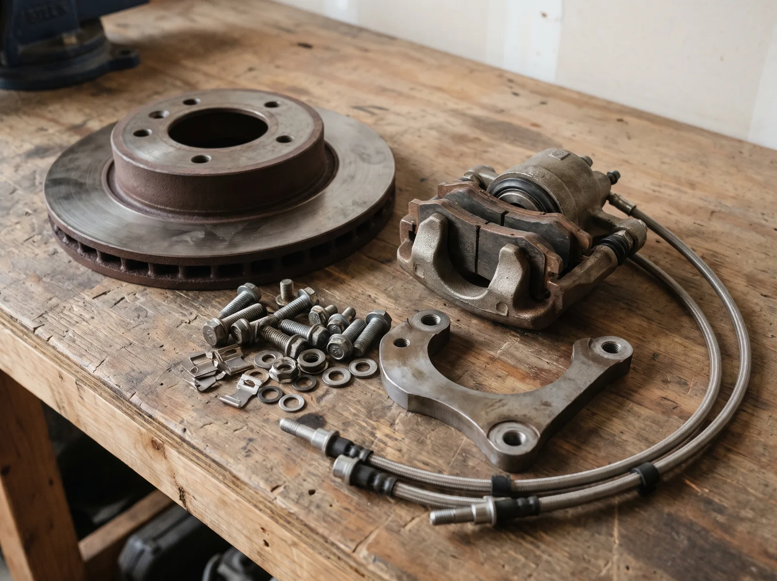 Disc brake conversion parts laid out on a bench, rotor, caliper, bracket and hardware