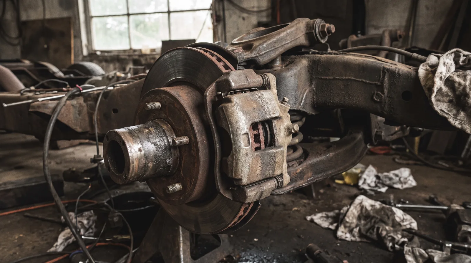 Vented disc rotor and single piston caliper fitted to the front spindle of an early 1950s Chevrolet
