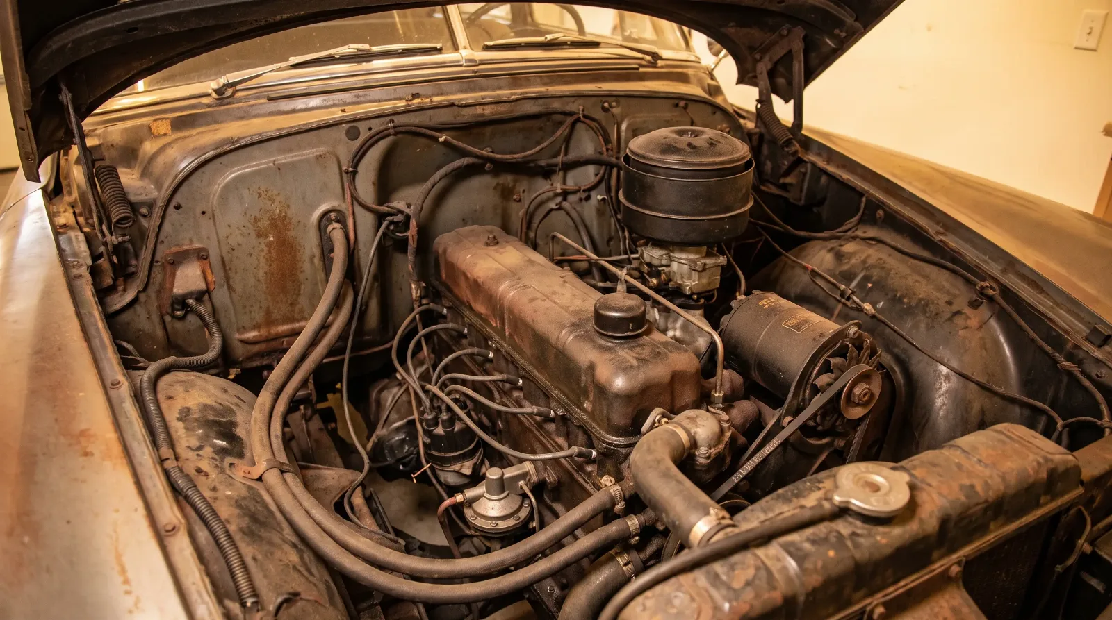 Engine bay of a 1951 Chevrolet showing the Stovebolt inline six with its oil bath air cleaner