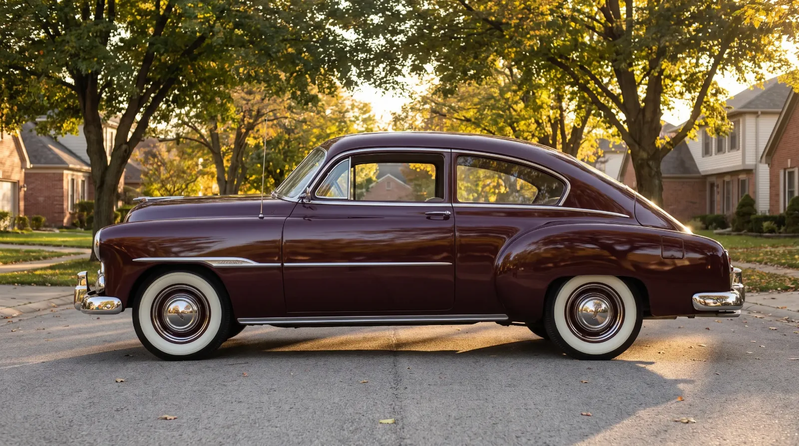 Side profile of a 1951 Chevrolet Fleetline De Luxe fastback showing the unbroken sloping roofline