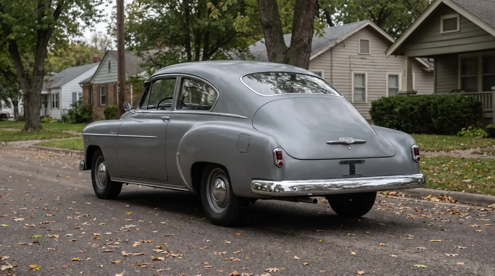 Rear three-quarter view of a 1951 Chevrolet Fleetline fastback showing the long sloping deck