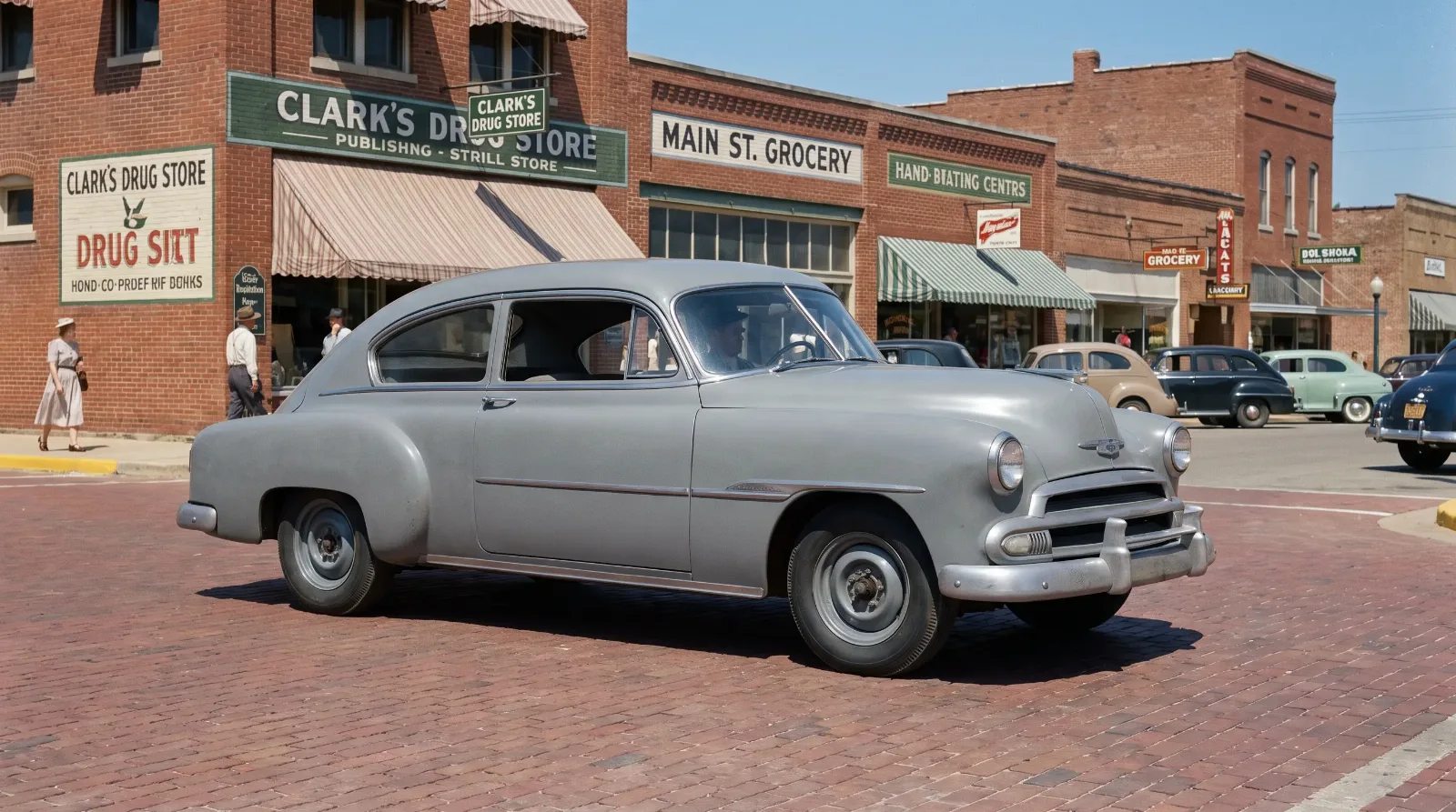 Plain gray 1951 Chevrolet Fleetline Special fastback on a small-town Main Street in the early 1950s