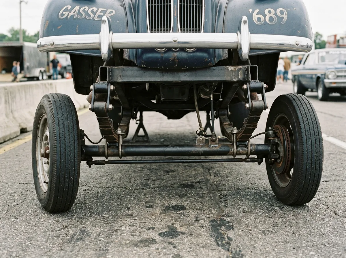 Straight tube front axle on leaf springs under the raised nose of a drag car