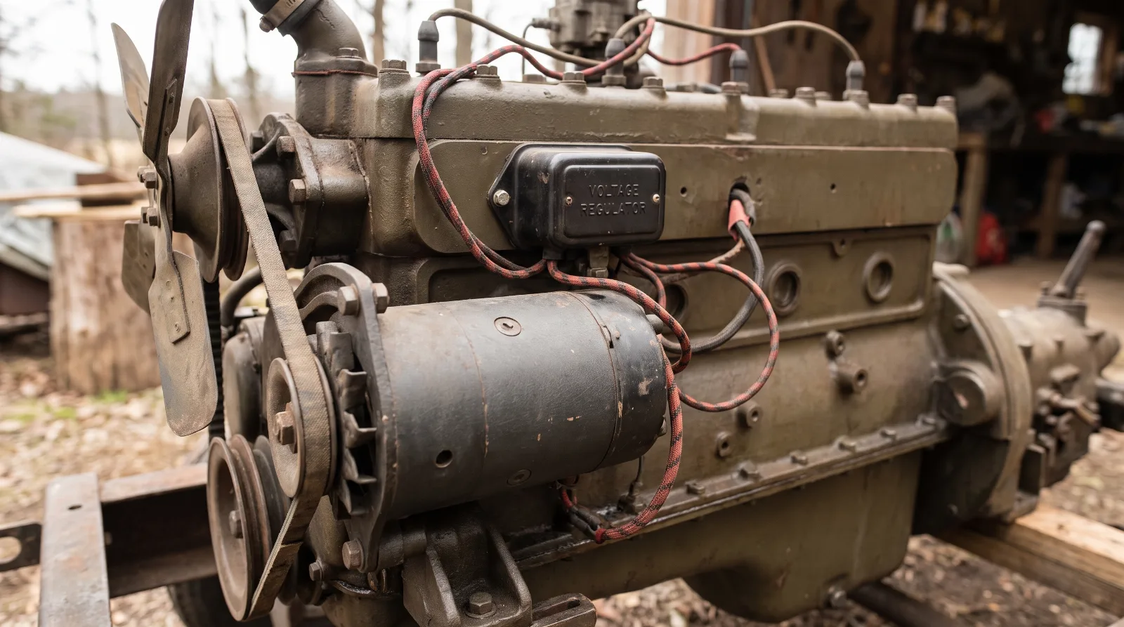 Six volt generator and regulator box mounted on the side of an early 1950s Chevrolet six