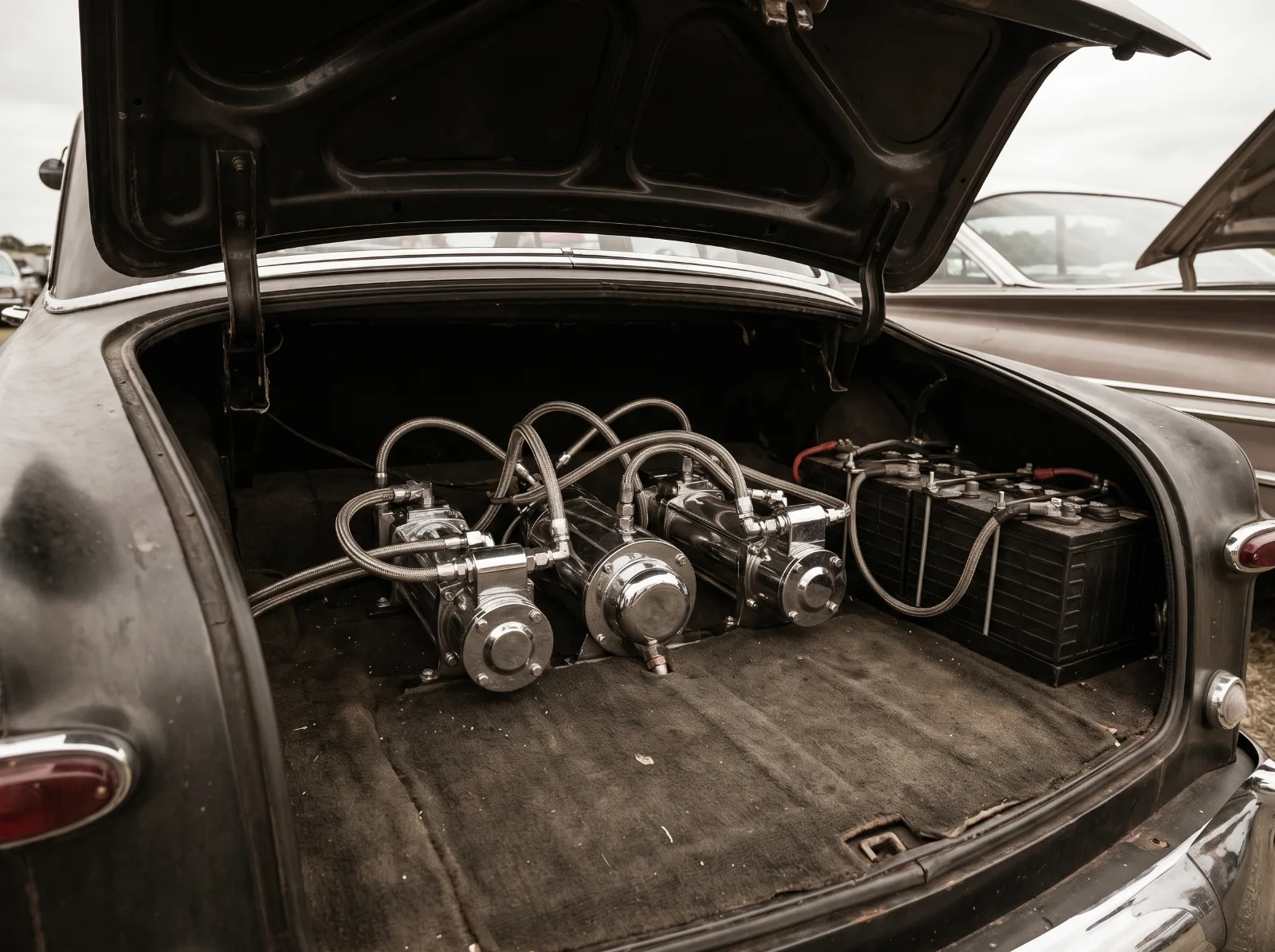 Hydraulic pumps and batteries mounted in the boot of a lowered early 1950s car