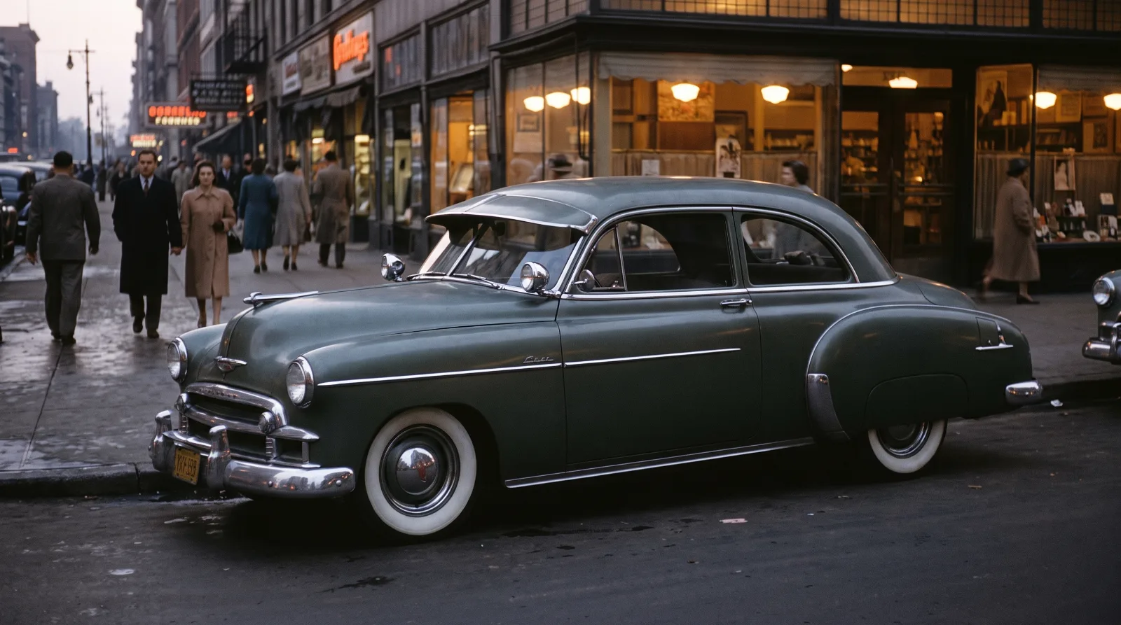 Lowered 1951 Chevrolet sedan on wide whitewall tyres, side view