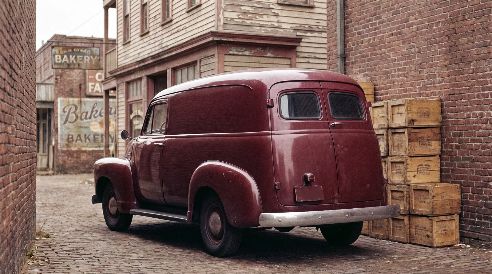 1951 Chevrolet Advance Design panel truck in three-quarter rear view showing the long closed flank and twin rear doors