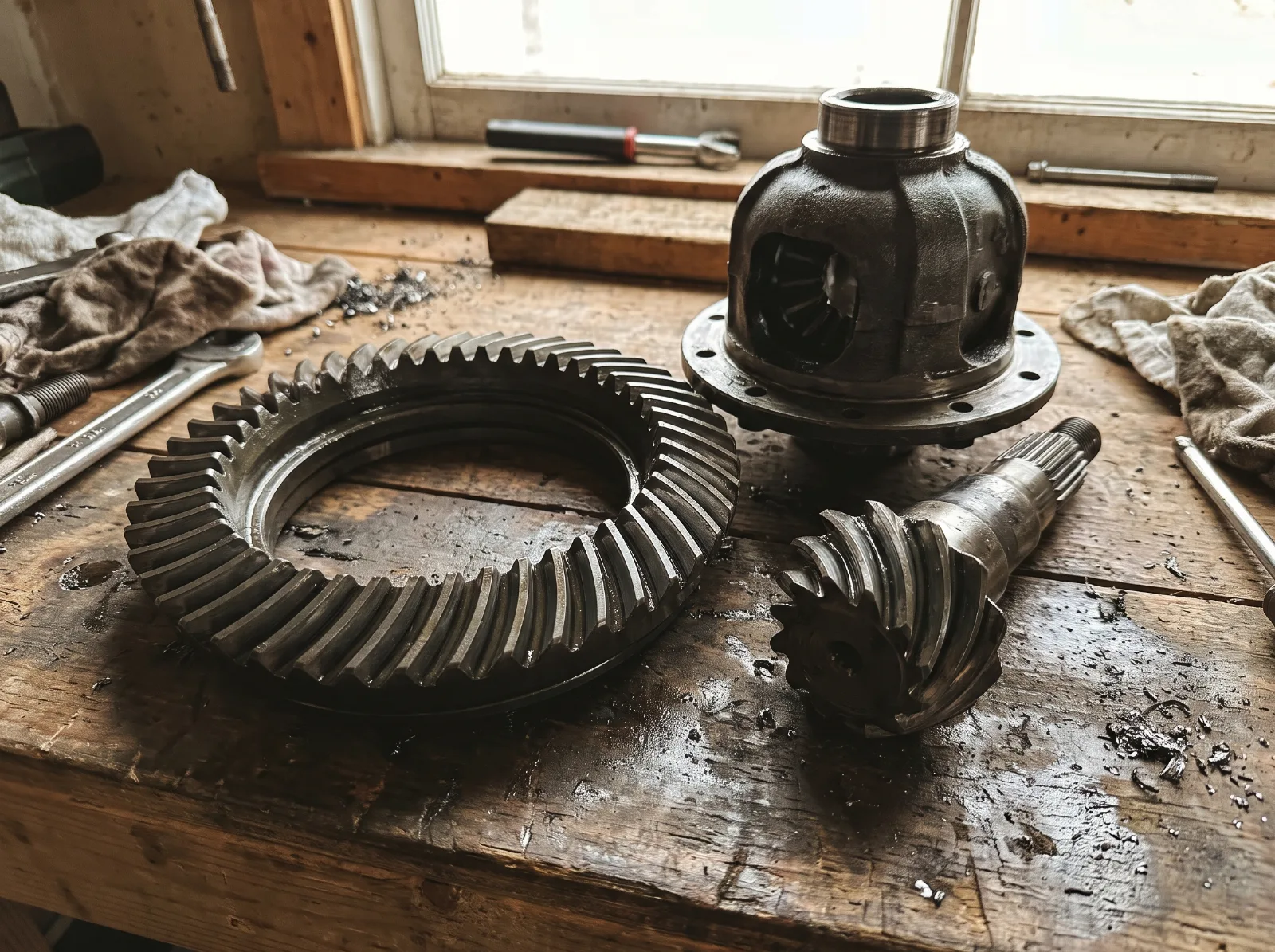 Ring gear and pinion on a workbench beside the differential carrier they bolt to