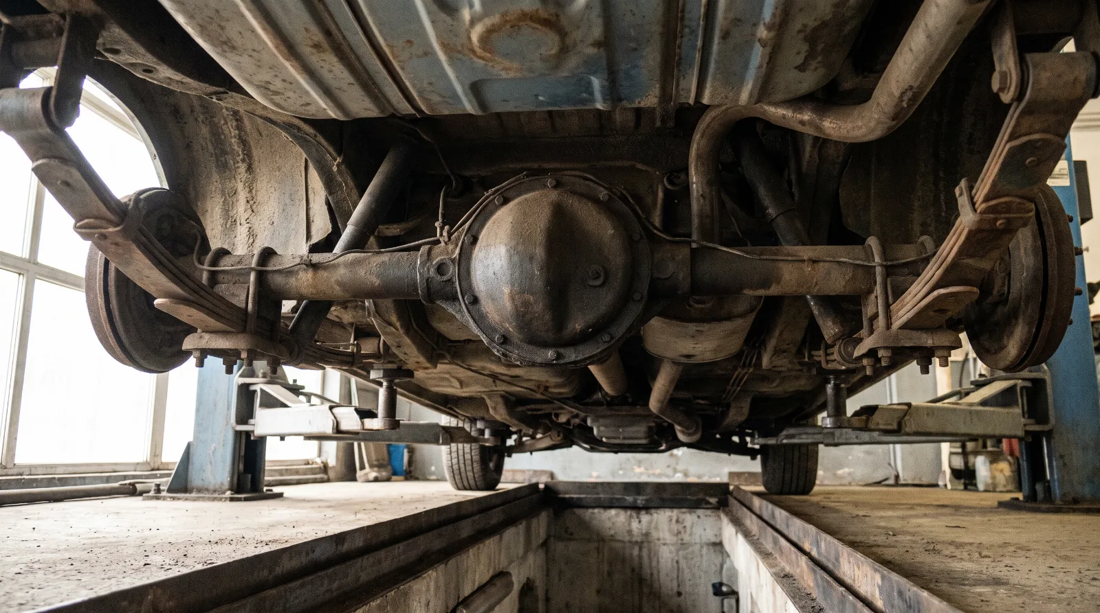Rear axle housing and torque tube under an early 1950s Chevrolet, differential cover in view