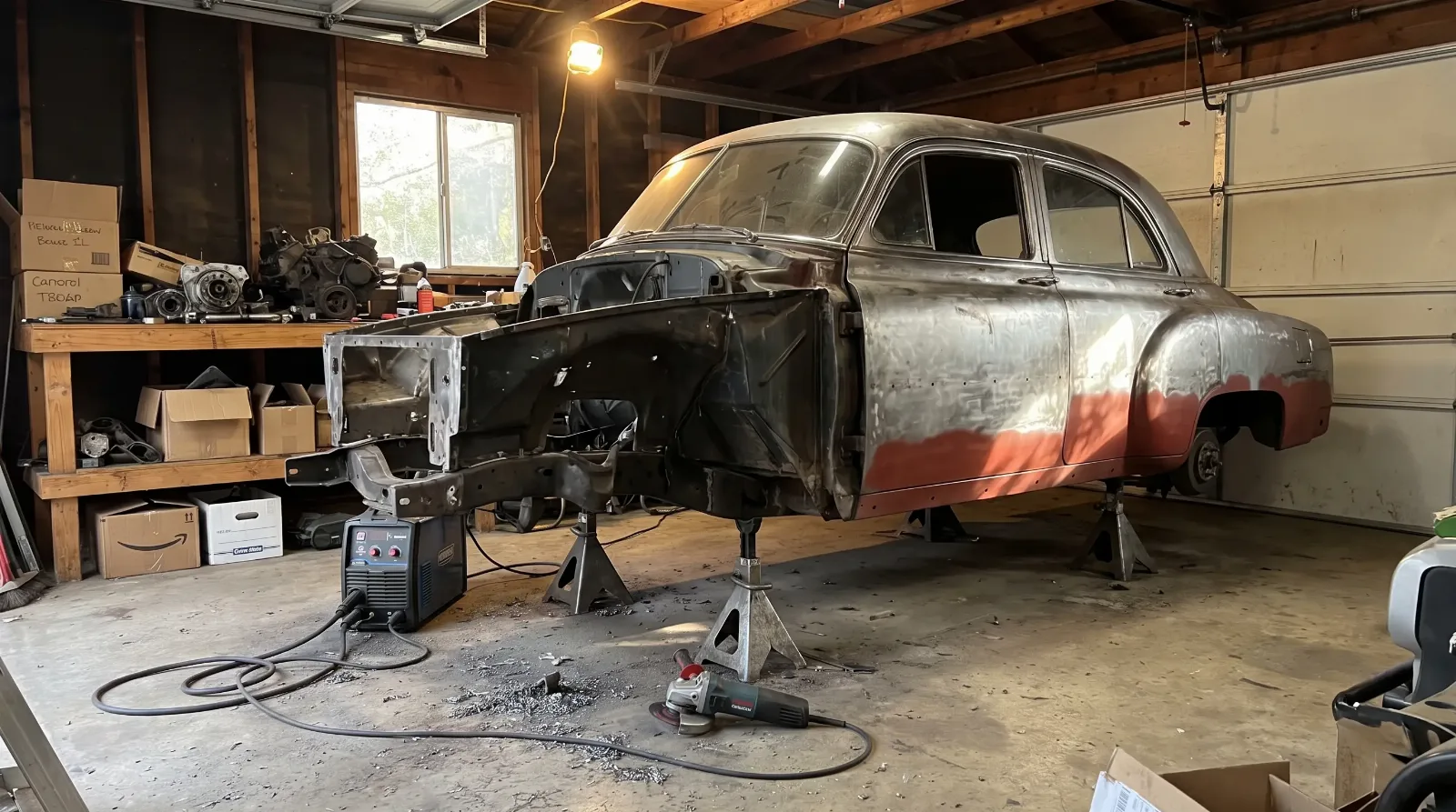 Early 1950s Chevrolet sedan on jack stands in a home garage with fenders and hood removed