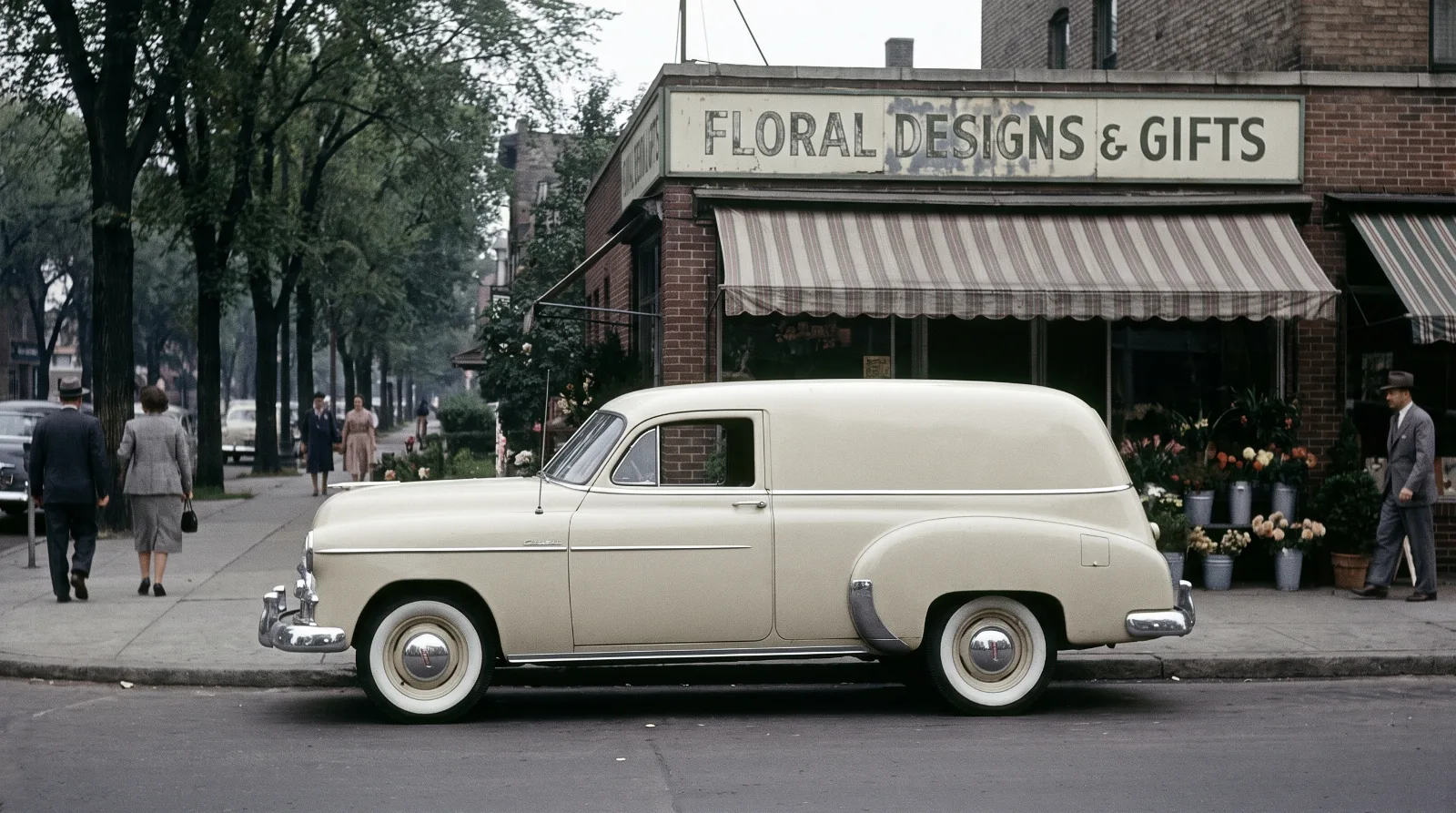 1951 Chevrolet sedan delivery parked outside a small shop, side view showing the long blank rear flank and Styleline nose