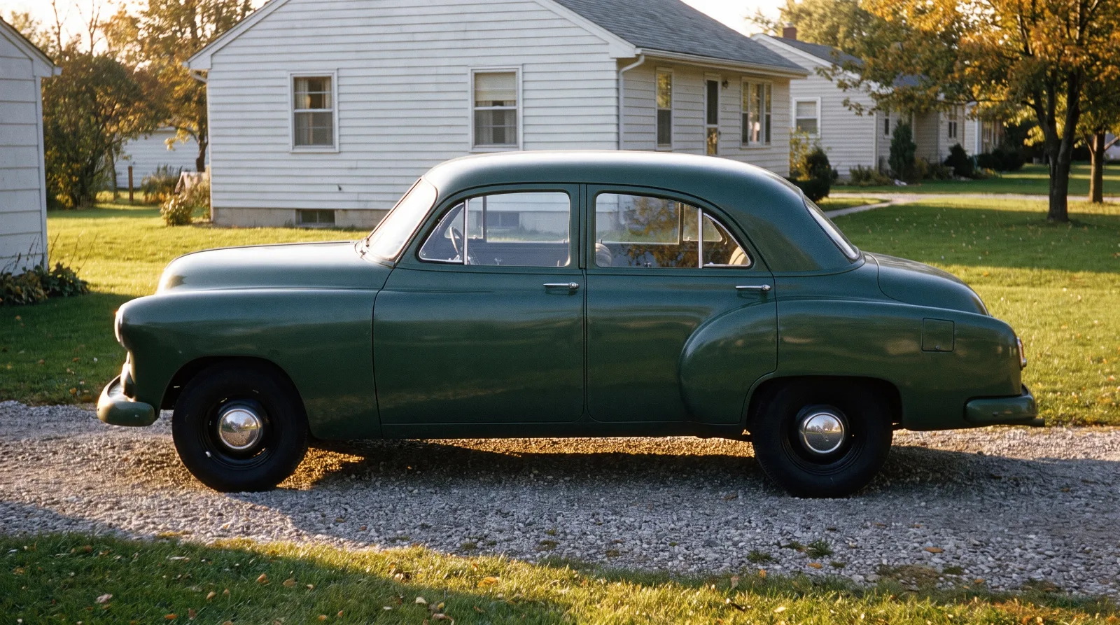 1951 Chevrolet Styleline four-door sedan parked in a suburban driveway, side view showing the notchback roofline