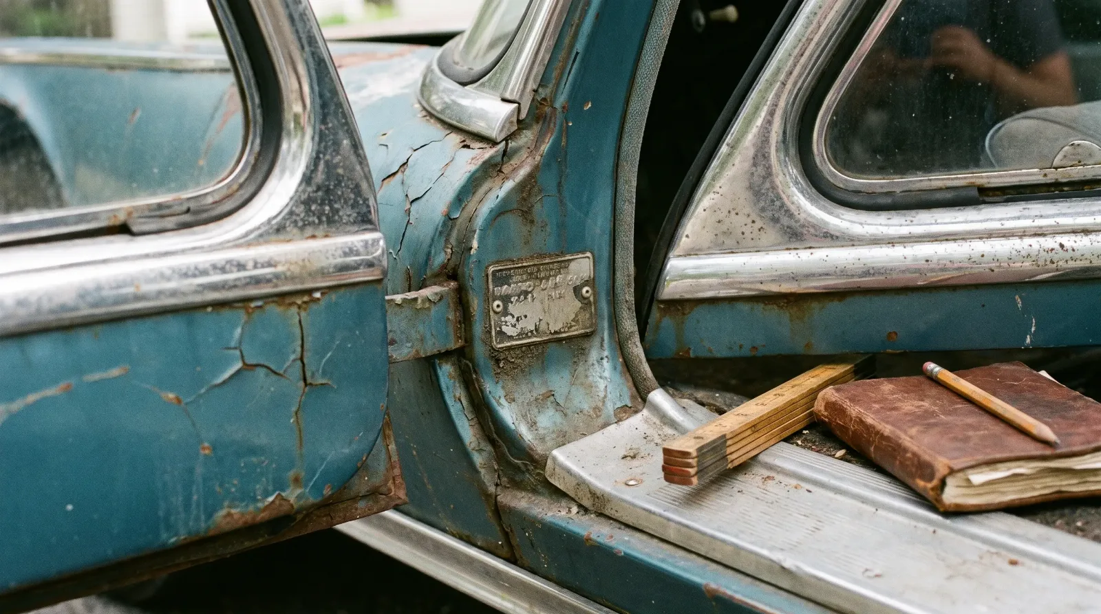 Open door jamb of an early 1950s Chevrolet with the riveted identification plate on the hinge pillar