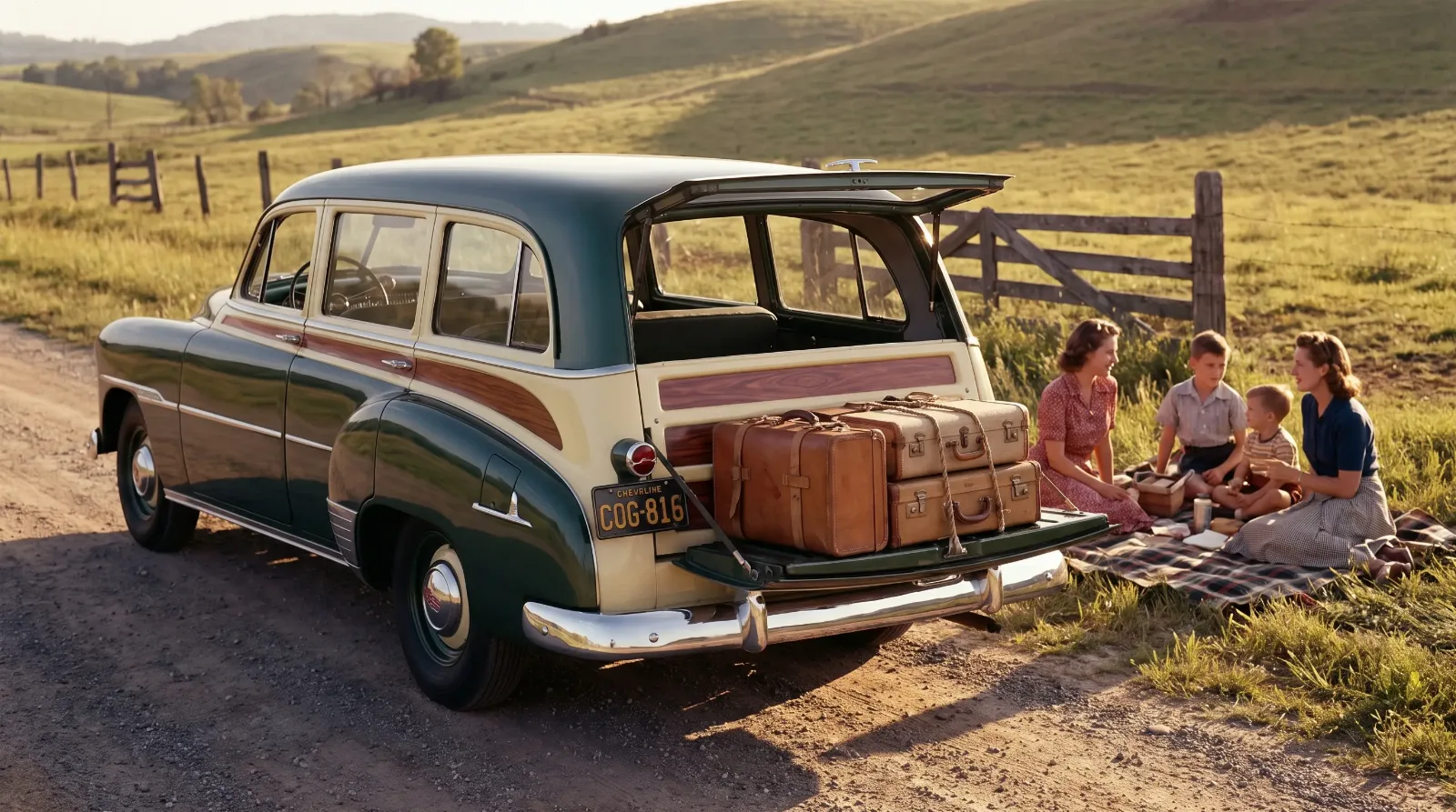 1951 Chevrolet Styleline De Luxe station wagon with wood-grain trim and the tailgate down