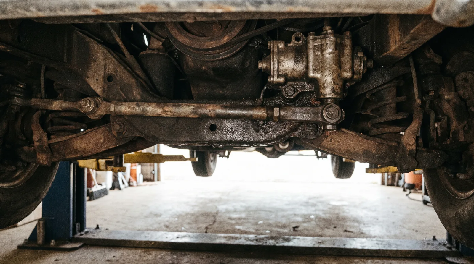 Steering box, pitman arm and centre link under the front of an early 1950s Chevrolet