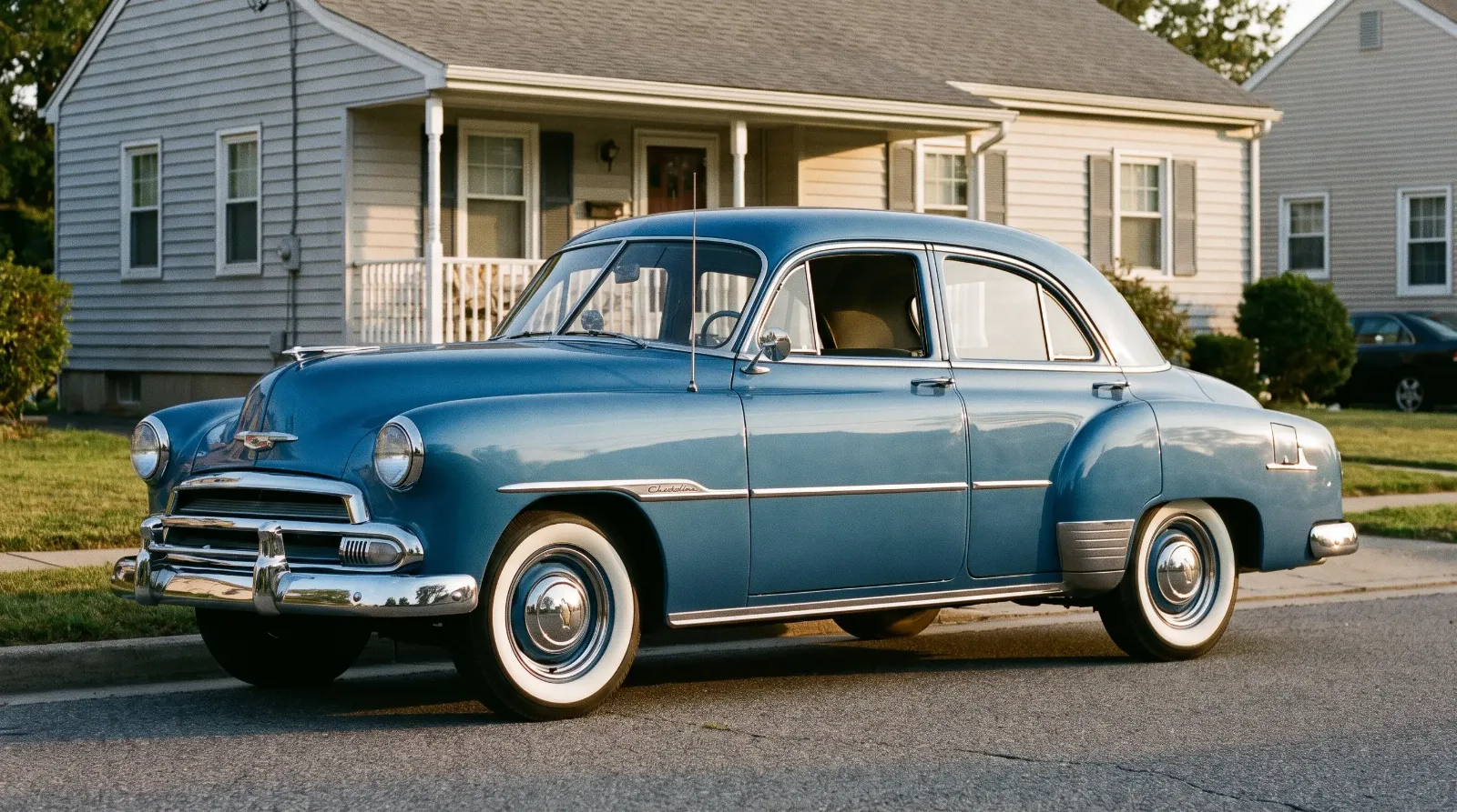 Blue 1951 Chevrolet Styleline De Luxe four-door sedan with stainless side molding on a suburban street