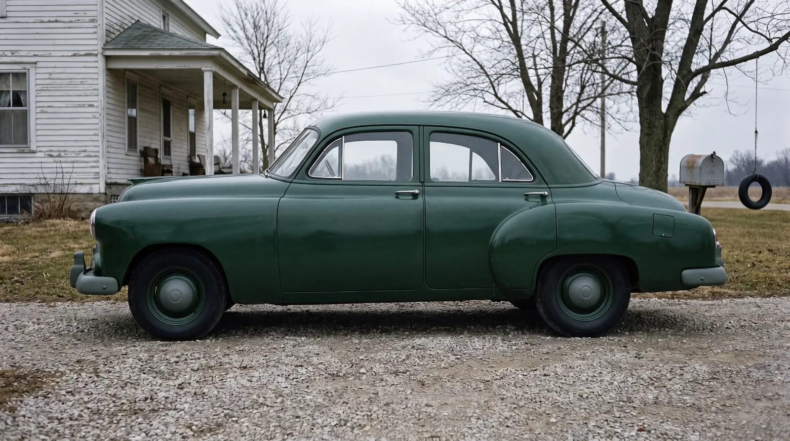 Plain 1951 Chevrolet Styleline Special four-door sedan with no side molding on a farmhouse driveway