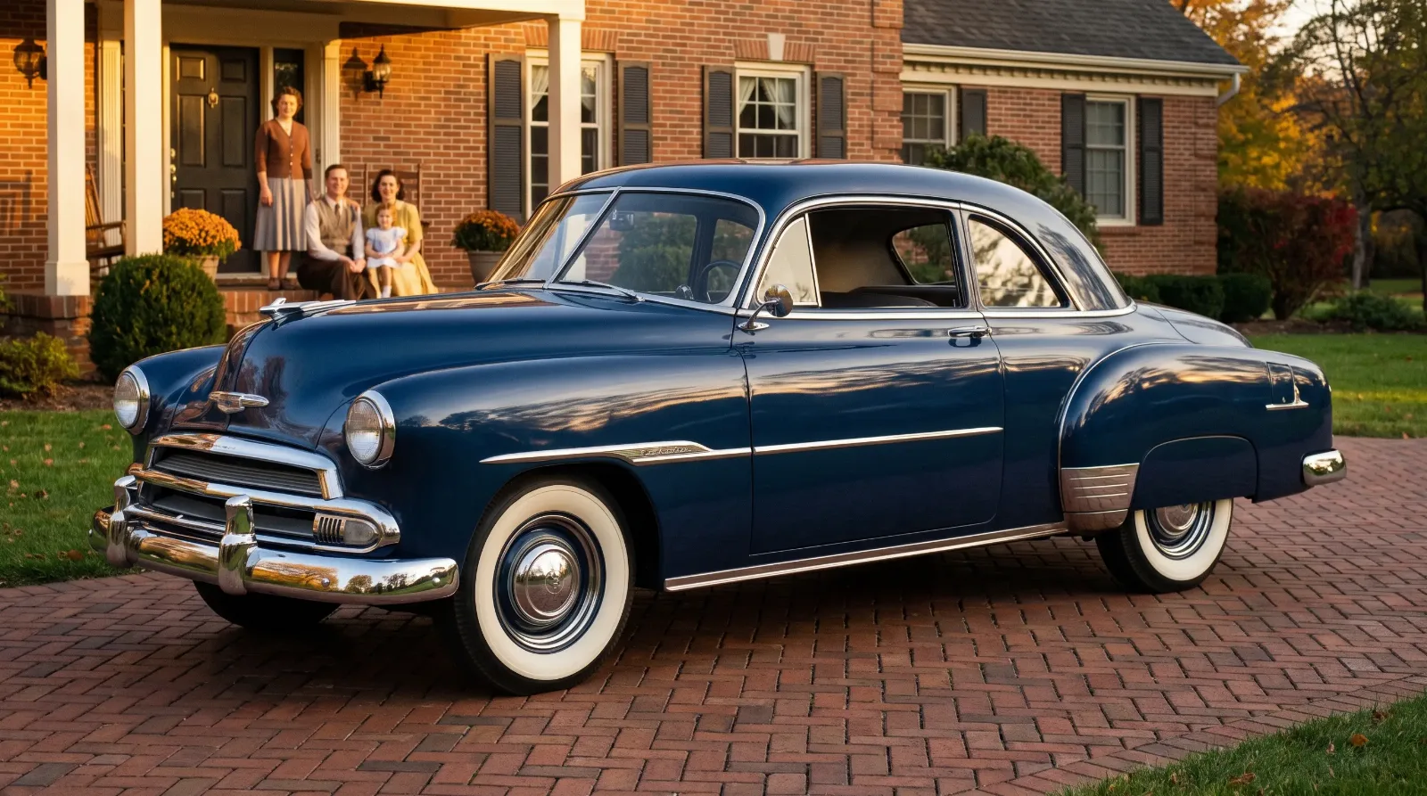 1951 Chevrolet Styleline De Luxe Sport Coupe in dark blue on a brick driveway at golden hour