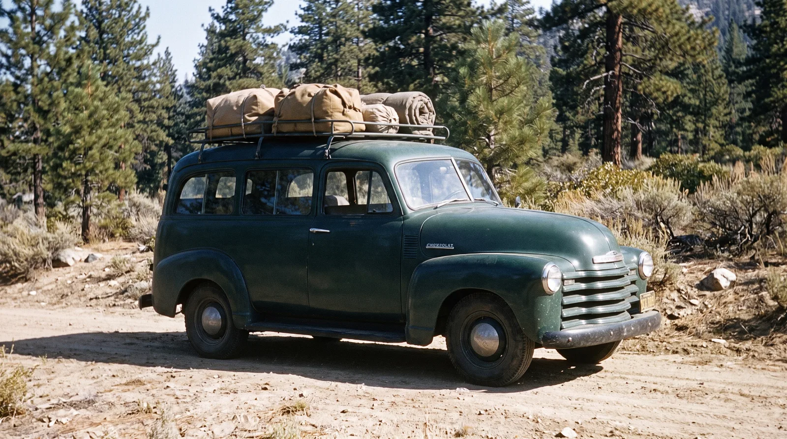 1951 Chevrolet Carryall Suburban parked at a trailhead, side view showing the two-door all-steel wagon body