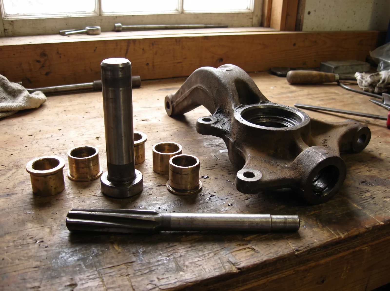 King pin, bushings and a steering knuckle laid out on a bench beside a reamer
