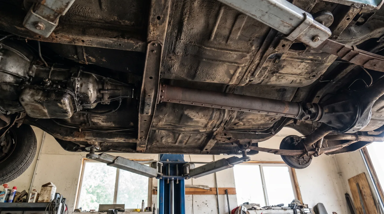 Torque tube and banjo rear axle housing of an early 1950s Chevrolet seen from underneath on a lift