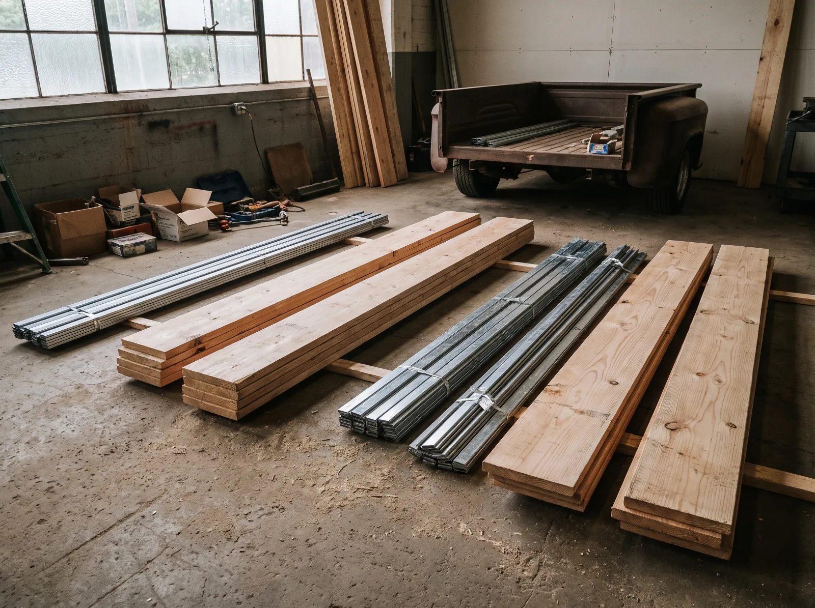 Fresh pine bed boards and steel bed strips laid out before fitting