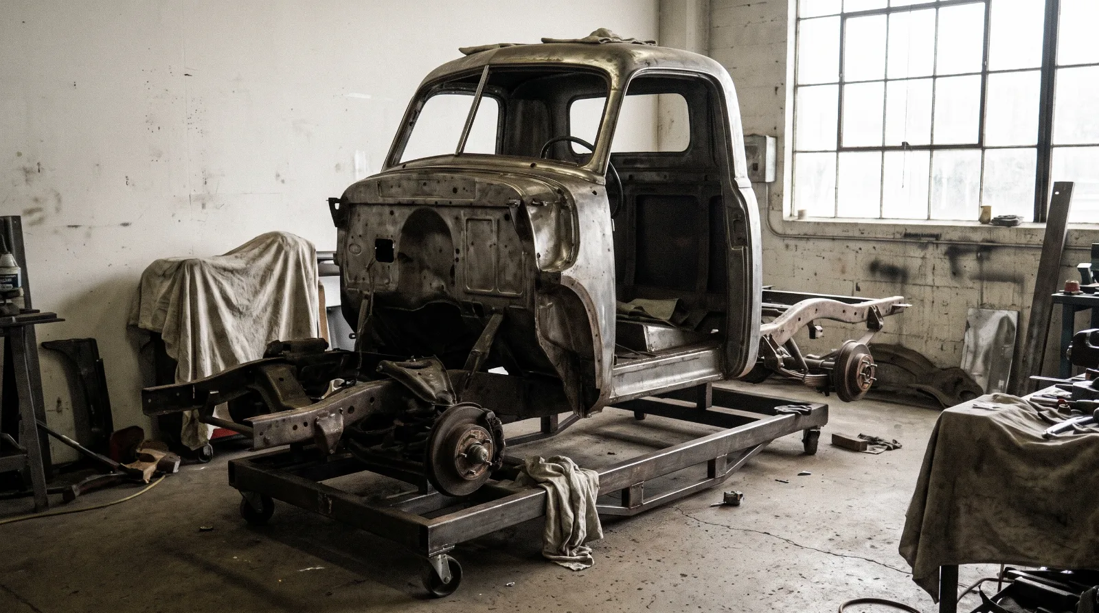 Advance Design Chevrolet truck cab stripped to bare metal during restoration