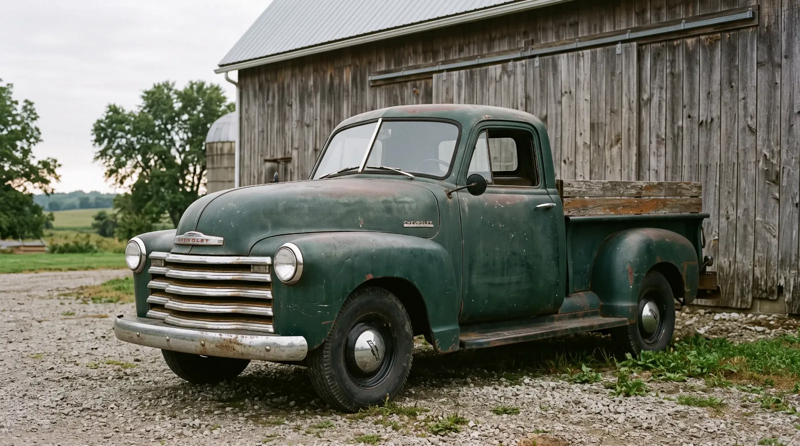 1951 Chevrolet Advance Design half-ton pickup parked on a gravel farmyard beside a weathered barn