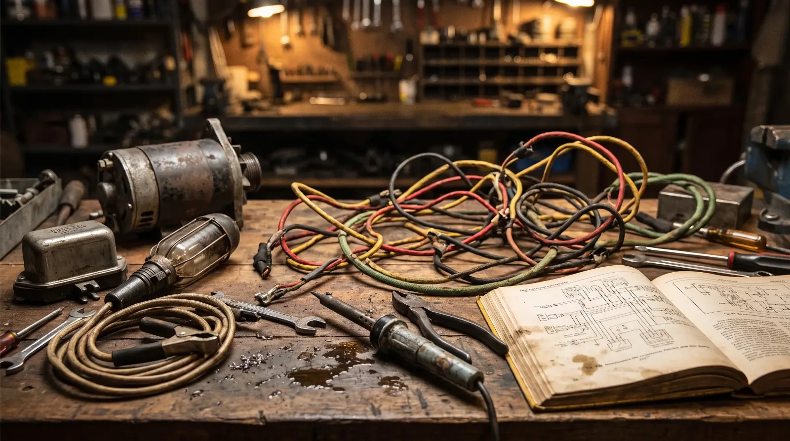 Garage workbench with a vintage cloth-covered wiring harness, 6-volt generator, regulator and test lamp