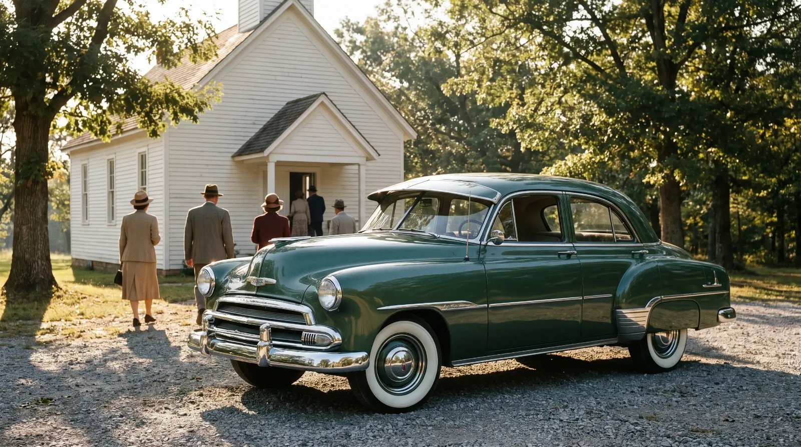 1951 Chevrolet Styleline De Luxe four-door sedan parked outside a small white church on a Sunday morning