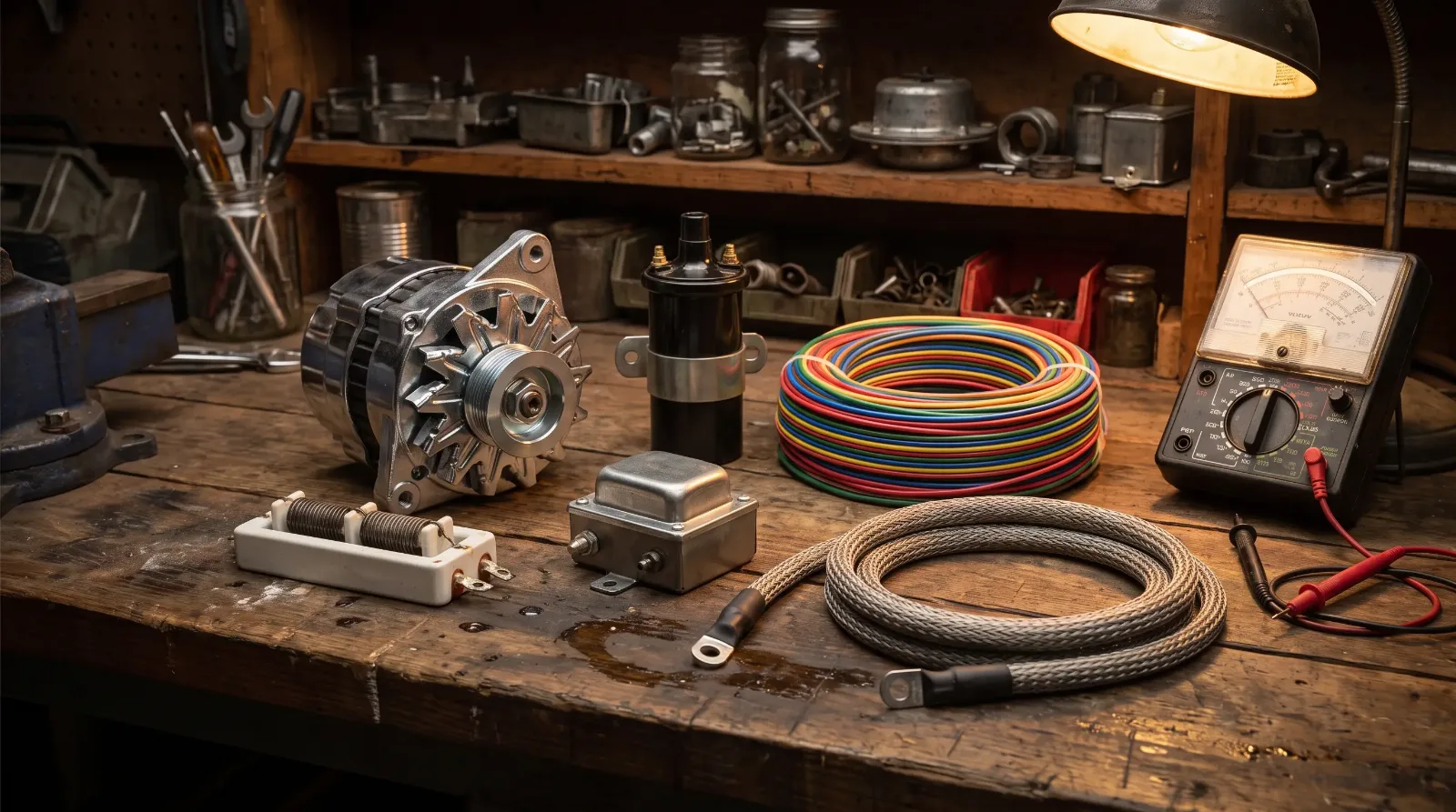 Alternator, dropping resistor, voltage reducer, coil and new wire laid out on a workbench for a 12 volt conversion