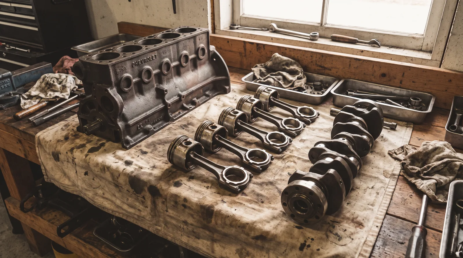 Chevrolet 216 six stripped on an engine stand with the oil pan off, showing the connecting rods and dippers